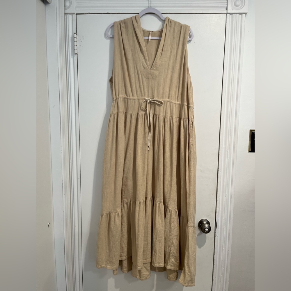 Free People Tan Cotton Linen Blend Sleeveless Hooded Tiered Maxi Dress Sz. M - Picture 2 of 10